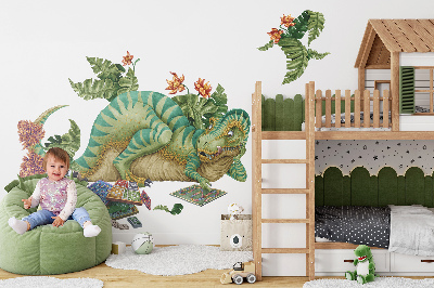 Autocollant mural 60x76 Un dinosaure dans un style dessin animé avec des feuilles et des fleurs