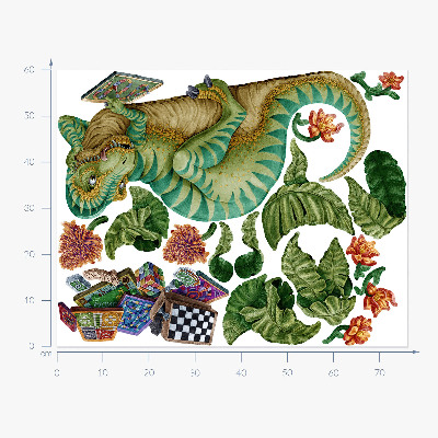 Autocollant mural 60x76 Un dinosaure dans un style dessin animé avec des feuilles et des fleurs