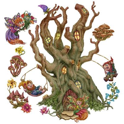 Autocollant mural 60x79 Créatures féeriques de la forêt et une cabane dans les arbres