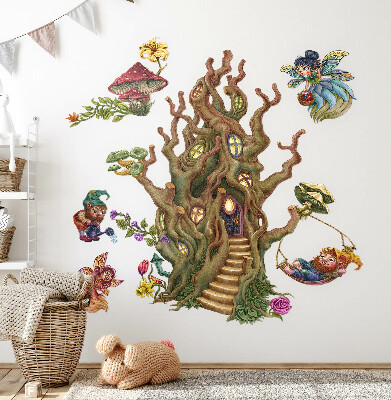 Autocollant mural 60x80 Créatures de la forêt, fées, gnomes et une cabane dans les arbres