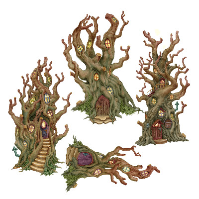 Autocollant mural 60x108 Cabanes dans les arbres de contes de fées en forêt dans un style de dessin animé
