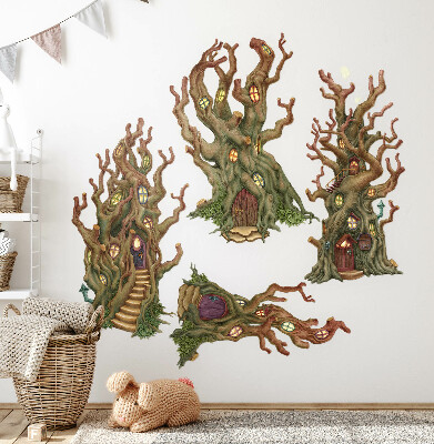 Autocollant mural 60x108 Cabanes dans les arbres de contes de fées en forêt dans un style de dessin animé