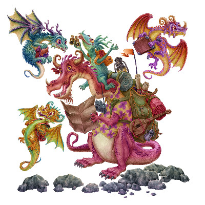 Autocollant mural 60x80 Une famille de dragons de conte de fées dans une version dessin animé