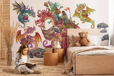 Autocollant mural 60x80 Une famille de dragons de conte de fées dans une version dessin animé