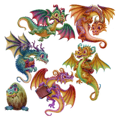 Autocollant mural 60x48 Des dragons colorés dans une esthétique de conte de fées et de dessin animé