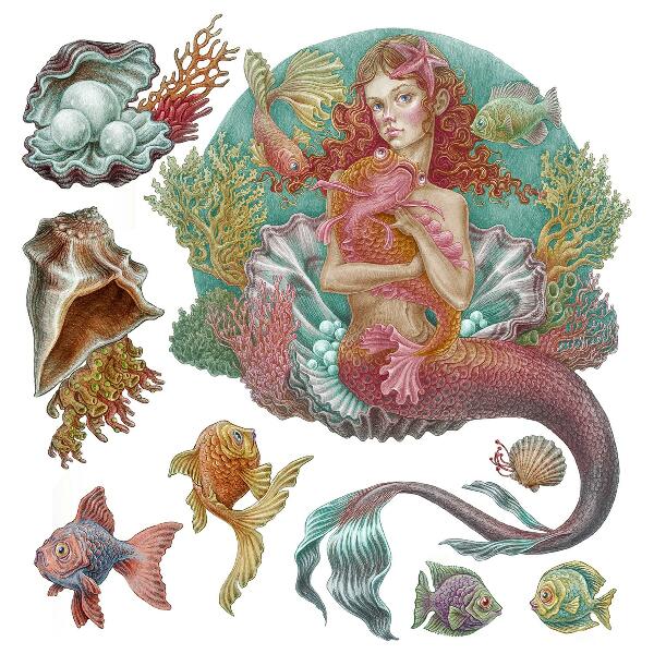 Autocollant mural 60x60 Une sirène de style dessin animé avec des coquillages sous-marins