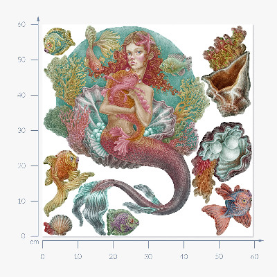 Autocollant mural 60x60 Une sirène de style dessin animé avec des coquillages sous-marins