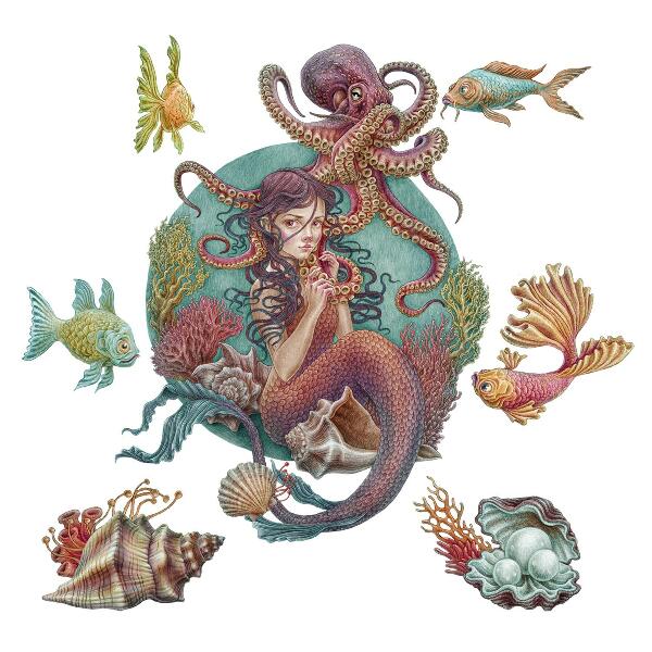 Autocollant mural 60x67 Une sirène avec une coquille dans un style de dessin animé