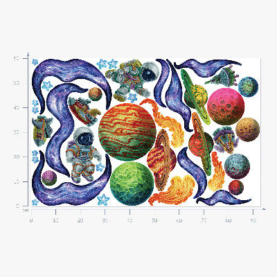 Autocollant mural 60x93 Voyage en fusée spatiale avec des astronautes et des planètes