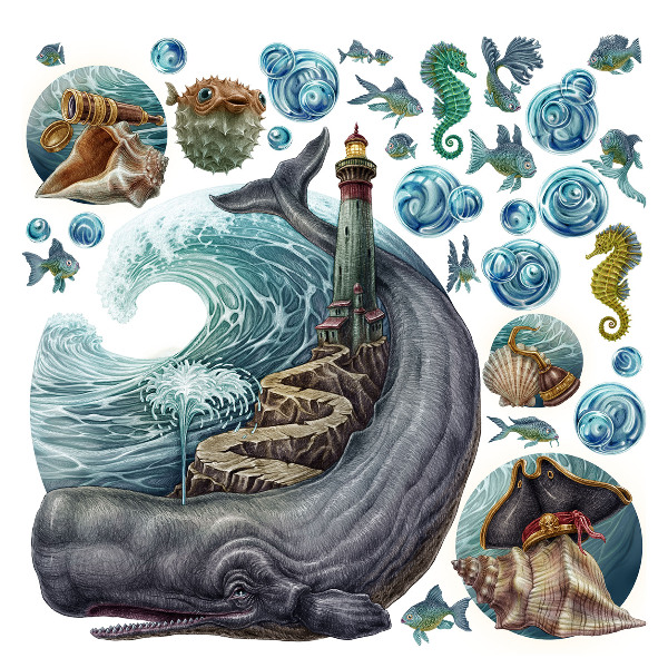 Autocollant mural 60x71 Un conte de fées sous-marin avec une lanterne et des animaux