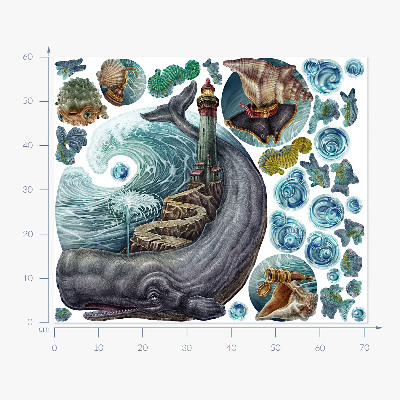 Autocollant mural 60x71 Un conte de fées sous-marin avec une lanterne et des animaux