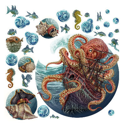 Autocollant mural 60x72 Un monde sous-marin de conte de fées avec une pieuvre et un bateau