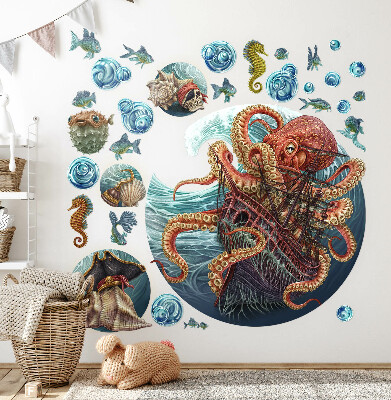 Autocollant mural 60x72 Un monde sous-marin de conte de fées avec une pieuvre et un bateau