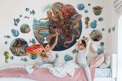 Autocollant mural 60x72 Un monde sous-marin de conte de fées avec une pieuvre et un bateau