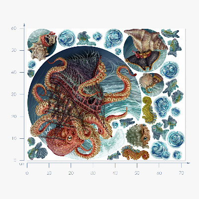 Autocollant mural 60x72 Un monde sous-marin de conte de fées avec une pieuvre et un bateau