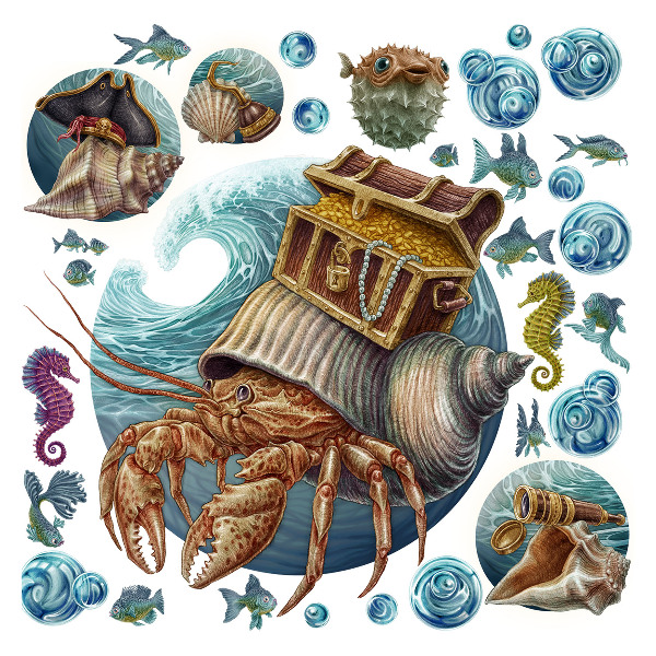 Autocollant mural 60x66 Un conte de fées sous-marin avec des crabes dans un style dessin animé
