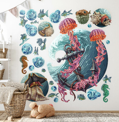 Autocollant mural 60x64 Un conte de fées sous-marin avec des méduses de mer dans le dessin