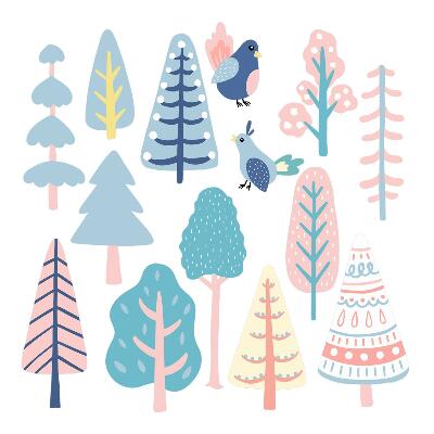 Autocollant mural 60x75 Forêt bohème avec des arbres pastel et des oiseaux