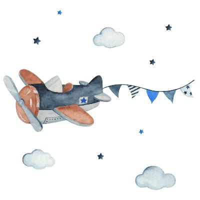 Autocollant mural 60x95 Avion pastel dans un ciel aquarelle
