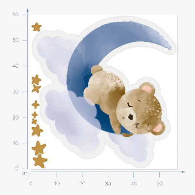 Autocollant mural 60x57 Ours en peluche sur la lune dans les nuages et les étoiles aquarelle