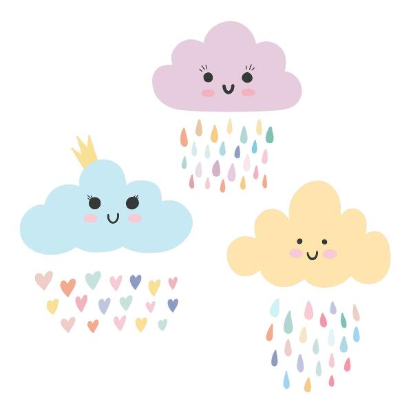 Autocollant mural 60x77 Nuages joyeux avec de la pluie dans des tons pastel