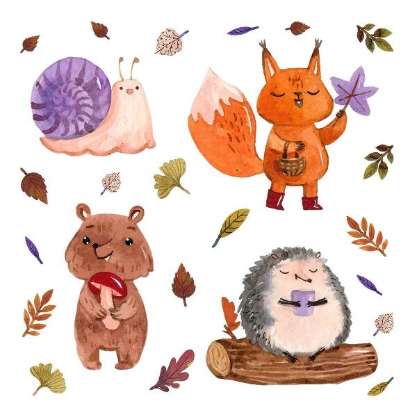 Autocollant mural 60x96 Créatures de la forêt aux tons aquarelles automnaux