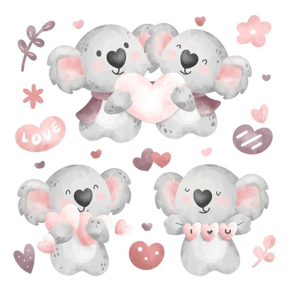 Autocollant mural 60x84 Koalas mignons aux couleurs pastel dans un style aquarelle