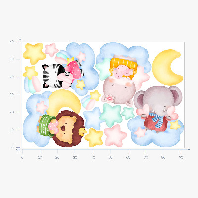 Autocollant mural 60x92 Animaux mignons dans les nuages et les étoiles aquarelle pastel