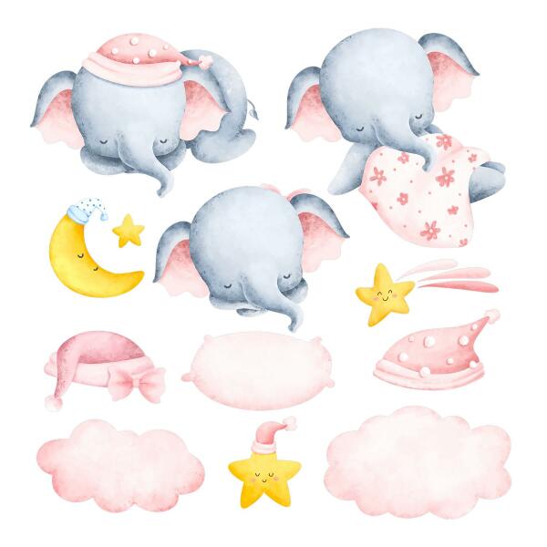 Autocollant mural 60x91 Éléphants et nuages dans un style aquarelle pastel
