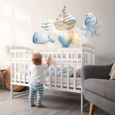 Autocollant mural 60x79 Créatures marines et un bateau à l'aquarelle pastel