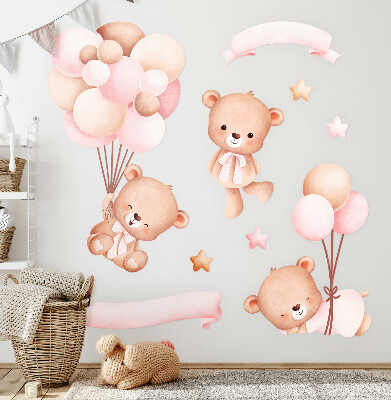 Autocollant mural 60x87 Ours en peluche avec des ballons à l'aquarelle pastel