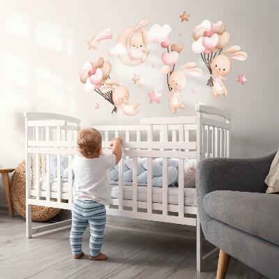 Autocollant mural 60x108 Lapins avec des ballons dans des tons pastel aquarelle