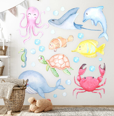 Autocollant mural 60x85 Un monde sous-marin pastel de créatures aquarellées