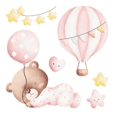 Autocollant mural 60x56 Ours en peluche avec des ballons et des étoiles à l'aquarelle pastel