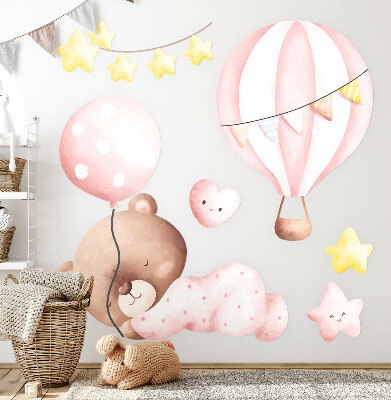 Autocollant mural 60x56 Ours en peluche avec des ballons et des étoiles à l'aquarelle pastel