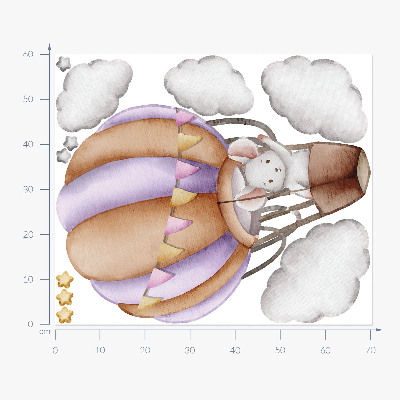 Autocollant mural 60x70 Le voyage d'une souris ballon dans des nuages pastel