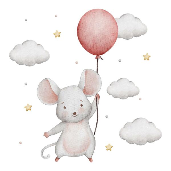 Autocollant mural 60x107 Souris avec un ballon dans les nuages, aquarelle pastel