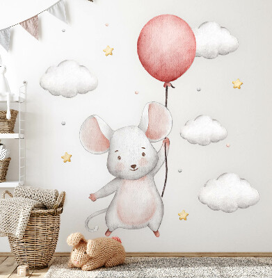 Autocollant mural 60x107 Souris avec un ballon dans les nuages, aquarelle pastel