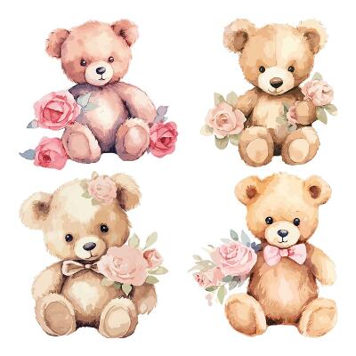 Autocollant mural 60x77 Ours en peluche avec des fleurs dans un style aquarelle