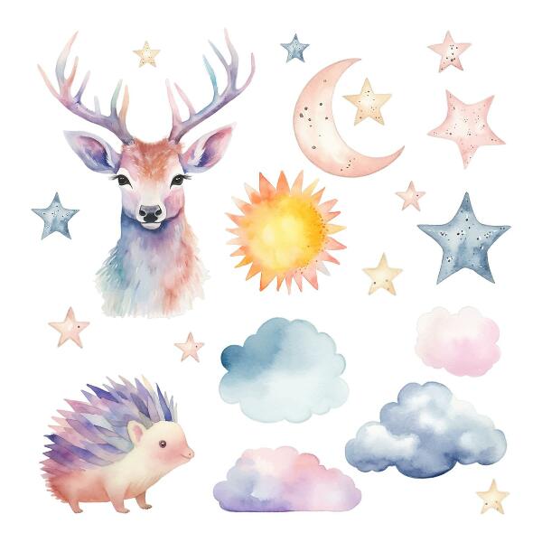 Autocollant mural 60x66 Aquarelle pastel animaux et ciel