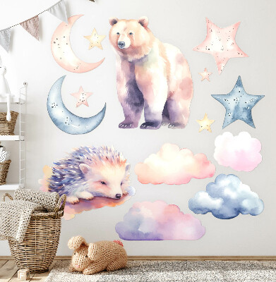 Autocollant mural 60x107 Animaux mignons sous le ciel nocturne dans un style aquarelle