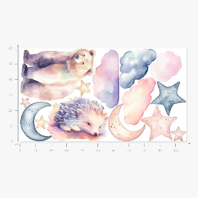 Autocollant mural 60x107 Animaux mignons sous le ciel nocturne dans un style aquarelle