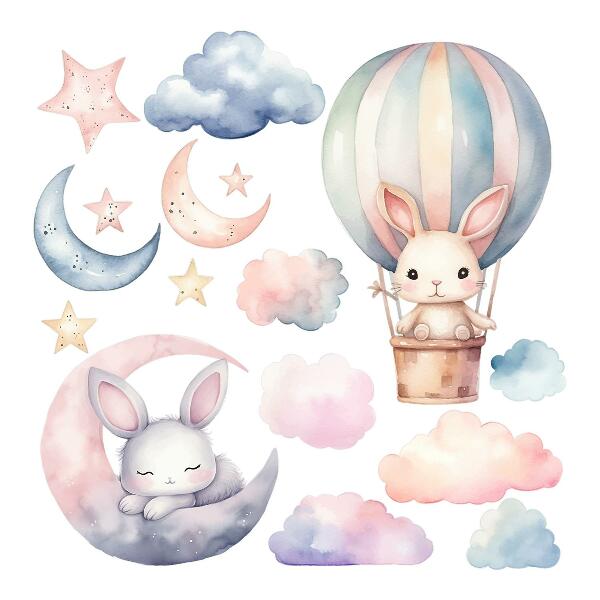 Autocollant mural 60x80 Lapins dans un ciel pastel avec un ballon la nuit