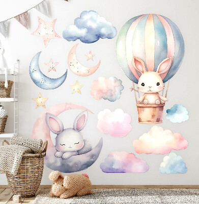 Autocollant mural 60x80 Lapins dans un ciel pastel avec un ballon la nuit