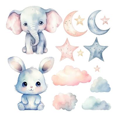 Autocollant mural 60x103 Animaux mignons dans le ciel nocturne pastel