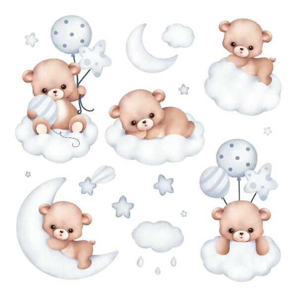 Autocollant mural 60x106 Ours en peluche mignons dans des nuages aux tons pastel