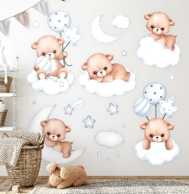 Autocollant mural 60x106 Ours en peluche mignons dans des nuages aux tons pastel