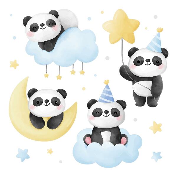 Autocollant mural 60x84 Pandas mignons dans un ciel aquarelle pastel