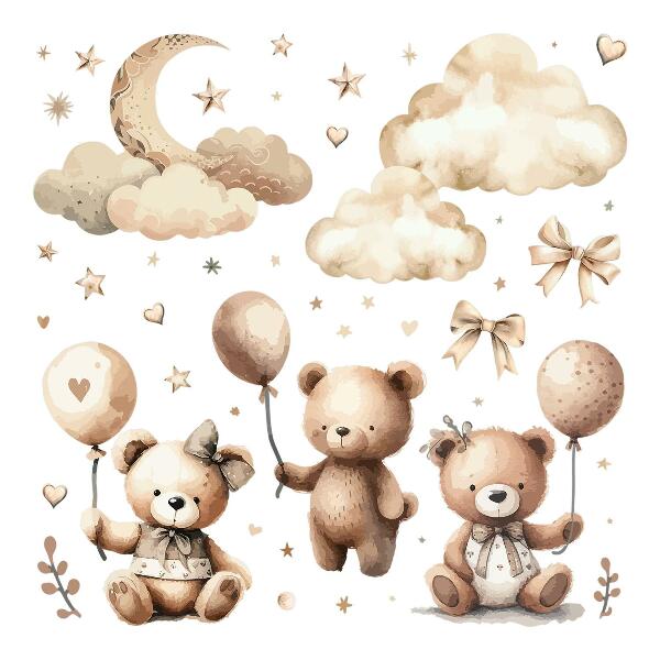 Autocollant mural 60x89 Ours en peluche beiges dans des nuages avec des ballons bohèmes