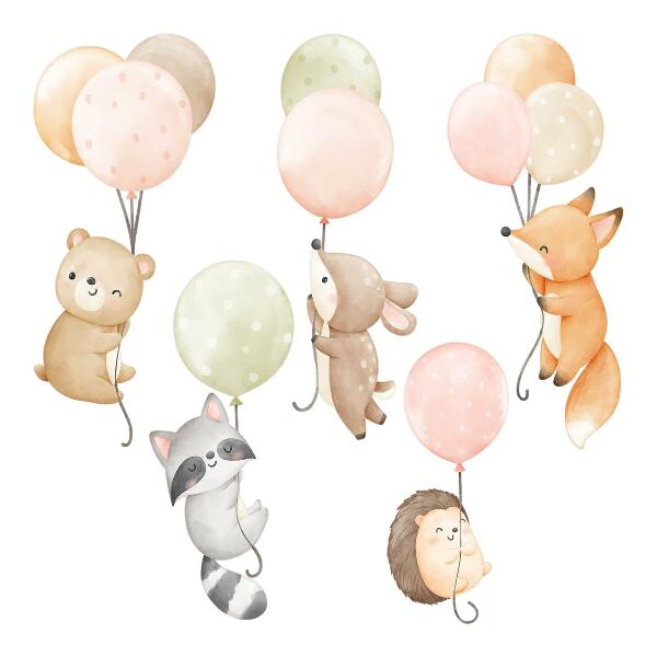 Autocollant mural 60x93 Adorables animaux flottant sur des ballons à l'aquarelle